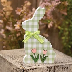 Bed skirts with a satin finish for a shiny appearanceGreen & White Buffalo Check Bunny w/Tulips Sitter