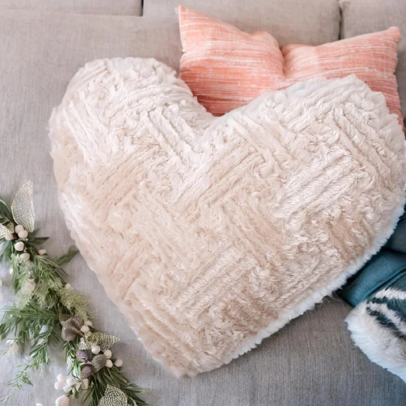 Soft and Fluffy Pillows for Bedroom ComfortDaDa Bedding Heart Pillows Decorative Throw Pillows - Neutral Champagne Beige Heart Shaped Throw Toss Lap Fluffy Faux Fur Sherpa Pillows (16x14)