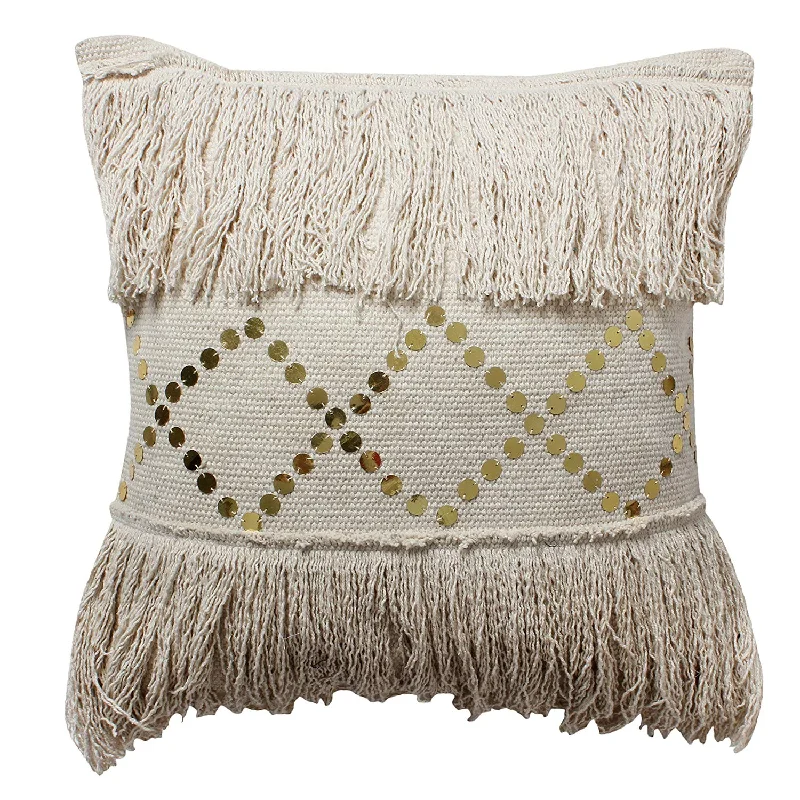 Adjustable Pillows for Customized ComfortBenzara 18 x 18 Hand Woven Cotton Fringe Pillow with Sequin Details, Beige Adjustable Pillows for Customized ComfortBenzara 18 x 18 Hand Woven Cotton Fringe Pillow with Sequin Details, Beige