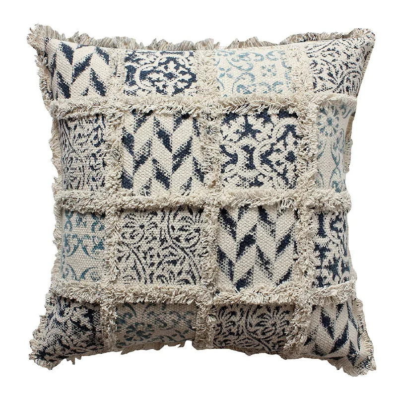 Kids Pillows with Fun DesignsBenzara 18 x 18 Hand Block Printed Cotton Pillow with Fringe Details, Beige and Blue Kids Pillows with Fun DesignsBenzara 18 x 18 Hand Block Printed Cotton Pillow with Fringe Details, Beige and Blue