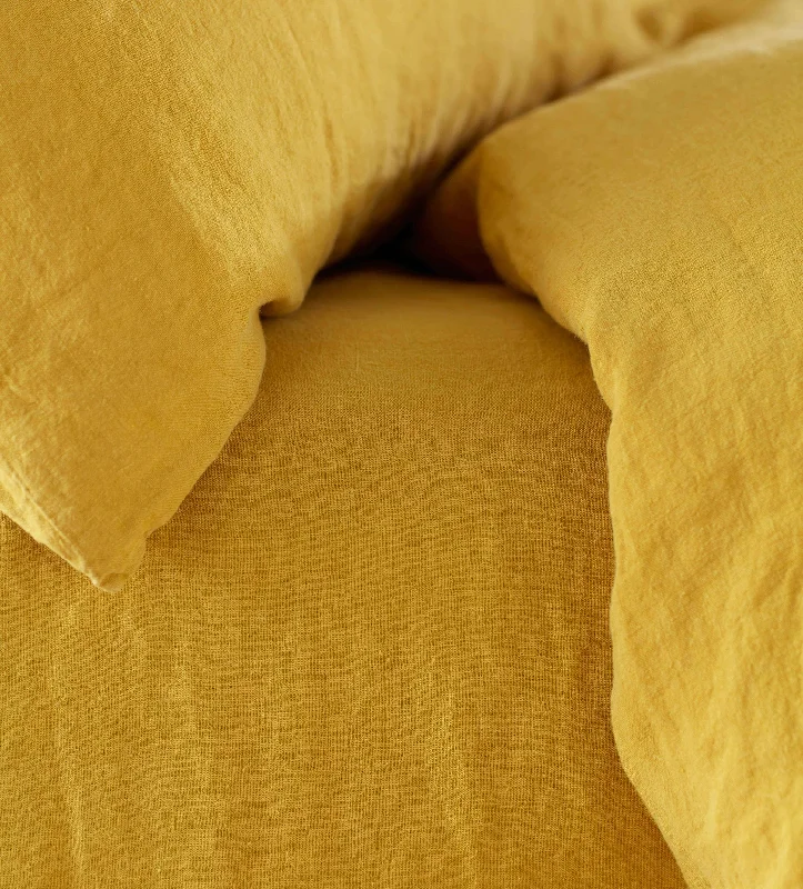 Twin - Size Sheet Sets with a Pillow ProtectorMustard Yellow 100% Linen Fitted Sheet