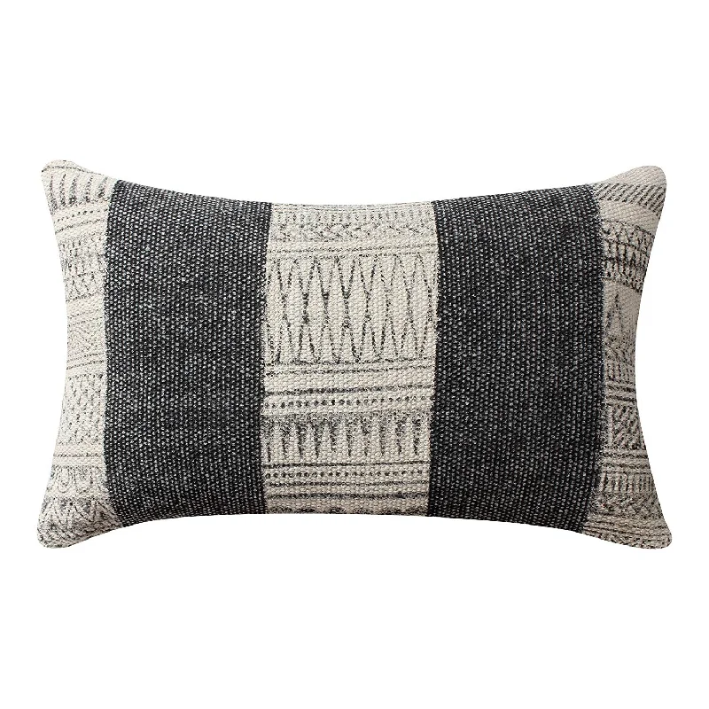 Round Pillows for Boho-Style InteriorsBenzara 12 x 20 Hand Woven Cotton Dhurri Pillow with Kilim Pattern, Gray and White Round Pillows for Boho-Style InteriorsBenzara 12 x 20 Hand Woven Cotton Dhurri Pillow with Kilim Pattern, Gray and White
