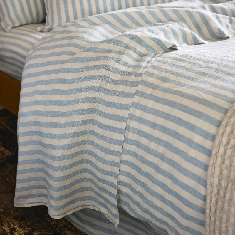 Twin - Size Sheet Sets with a Pillow ProtectorCoastal Blue Pembroke Stripe 100% Linen Flat Sheet