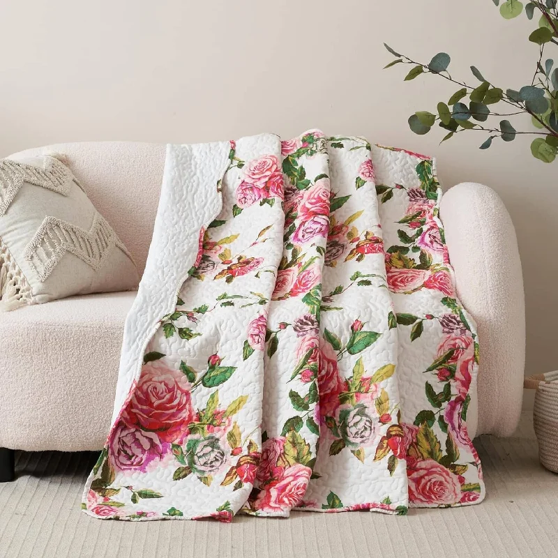 Outdoor stadium seat warm - up blankets​Wool blankets with natural warmth and insulationDaDa Bedding Romantic Roses Floral Throw Blanket - Lovely Spring Pink & White Scalloped Colorful Lightweight Breathable - Bright Vibrant Quilted Throw Blanket - 50 x 60