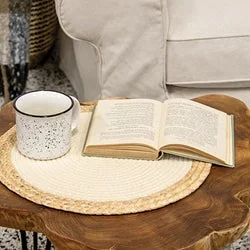 Bed skirts with a ruffled tiered designWoven Cotton & Hyacinth Round Mat Natural