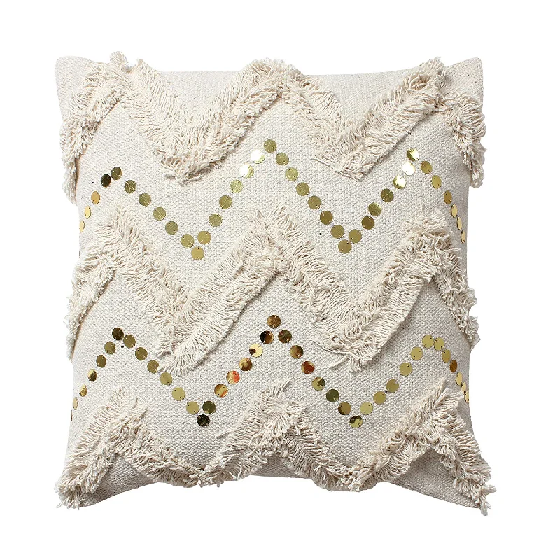 Travel Pillows for Long JourneysBenzara 18 x 18 Cotton Pillow with Fringe and Sequin Chevron Details, Beige Travel Pillows for Long JourneysBenzara 18 x 18 Cotton Pillow with Fringe and Sequin Chevron Details, Beige
