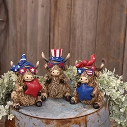 Bed skirts with a tie - back design for adjustabilityResin Patriotic Highland Cow Sitter 3 Asstd.