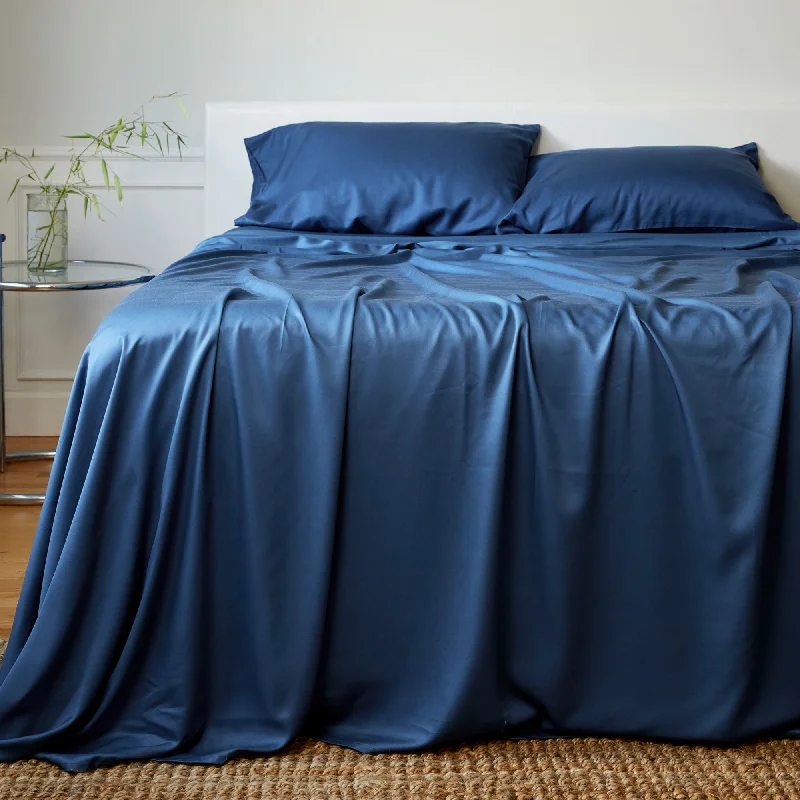 Fitted Sheets with Reinforced Corners for Long - Lasting UseBedVoyage Luxury 100% Viscose from Bamboo Bed Sheet Set - Indigo Fitted Sheets with Reinforced Corners for Long - Lasting UseBedVoyage Luxury 100% Viscose from Bamboo Bed Sheet Set - Indigo
