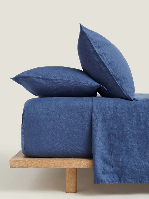 Twin - Size Sheet Sets with a Pillow Protector100% Linen Fitted Sheet in Marine Blue