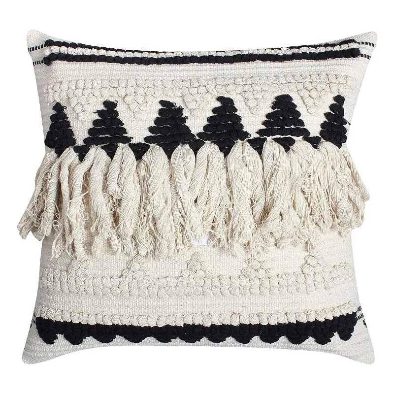 Round Pillows for Boho-Style InteriorsBenzara BM219703 20 x 20 Fringed Cotton Accent Pillow Cover, White and Black Round Pillows for Boho-Style InteriorsBenzara BM219703 20 x 20 Fringed Cotton Accent Pillow Cover, White and Black