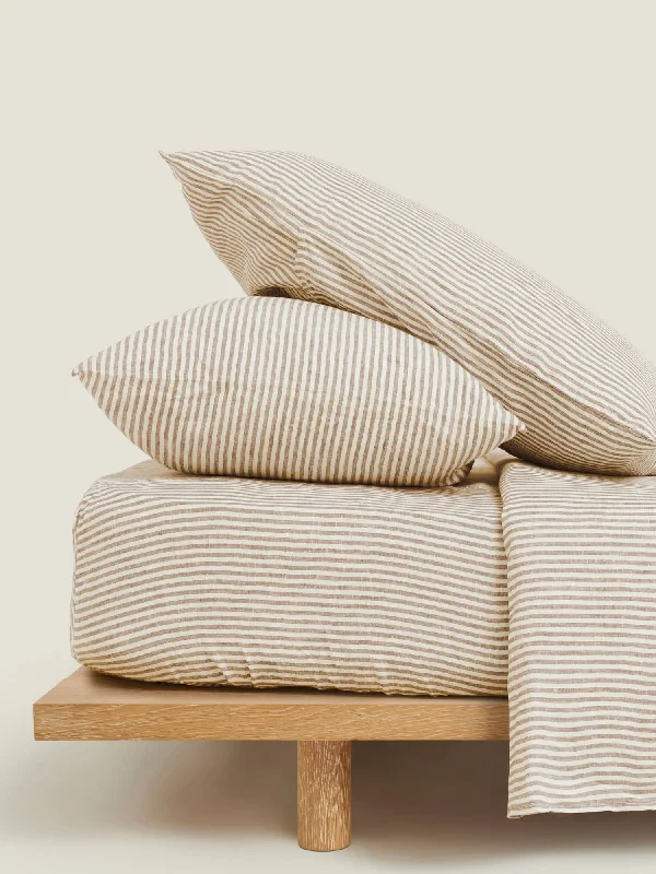 Wrinkle - Free Polyester Sheets for a Low - Maintenance Bed100% Linen Fitted Sheet in Olive Stripes Wrinkle - Free Polyester Sheets for a Low - Maintenance Bed100% Linen Fitted Sheet in Olive Stripes