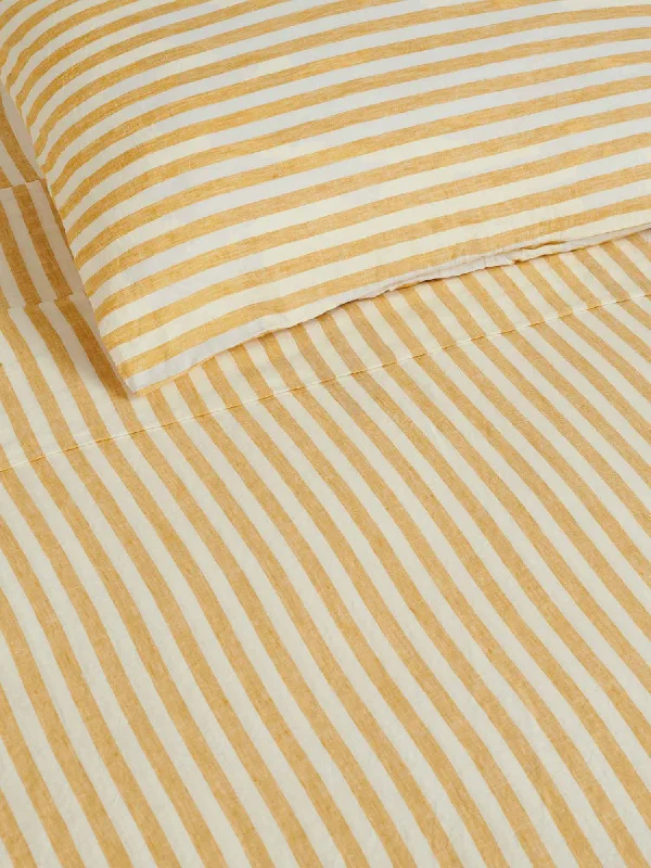 Fitted Sheets with Reinforced Corners for Long - Lasting Use100% Linen Flat Sheet in Yellow Stripes