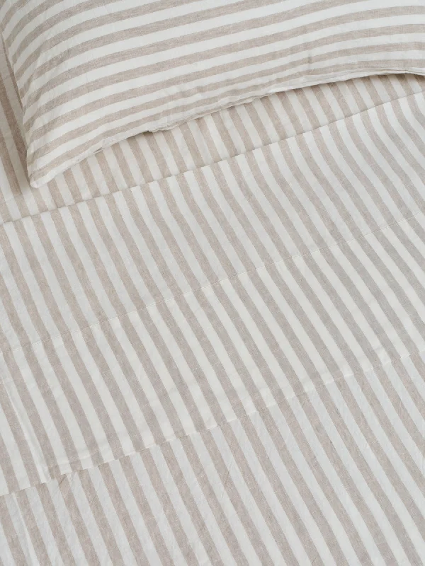 King - Size Sheet Sets with a Decorative Pillow Set100% Linen Flat Sheet in Wide Natural Stripes