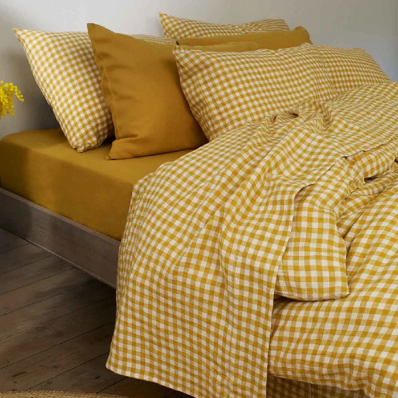 Queen - Size Sheet Sets with a European Pillowcase SetHoney Gingham 100% Linen Flat Sheet
