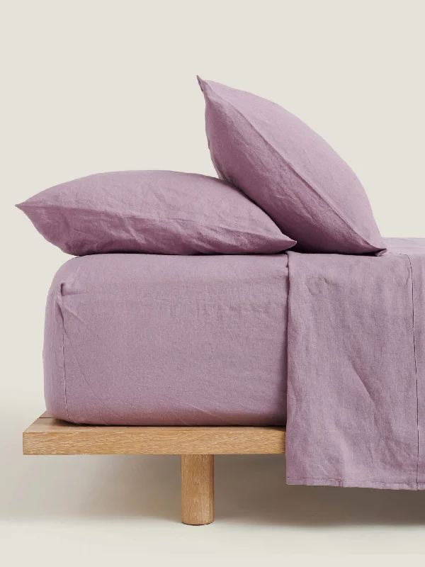 Twin - Size Sheet Sets with a Pillow Protector100% Linen Fitted Sheet in Violet