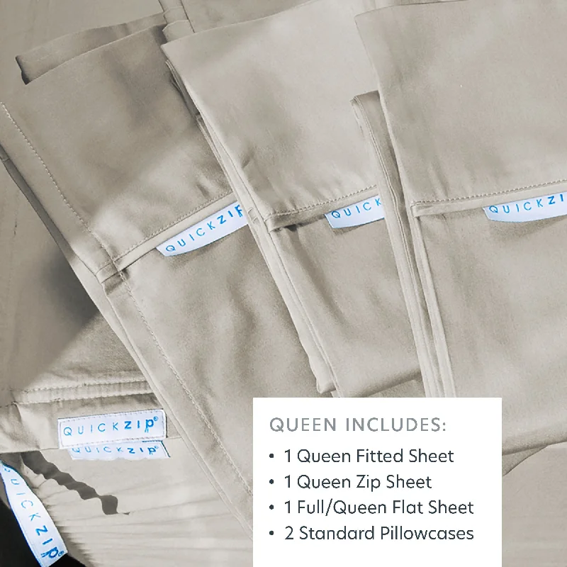 Queen - Size Sheet Sets with a European Pillowcase SetQuickZip Classic Bundle | More Comfort.  Less Hassle. Sheets that Zip Off and On and Won't Pop Off! | Sateen Cotton | Fitted Sheet (Base + Zip Sheet) + Extra Zip Sheet; Flat Sheet; 2 Pillowcases