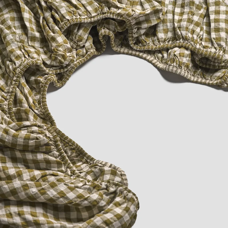 Linen - Cotton Blend Sheets for a Natural and Versatile OptionBotanical Green Gingham 100% Linen Fitted Sheet
