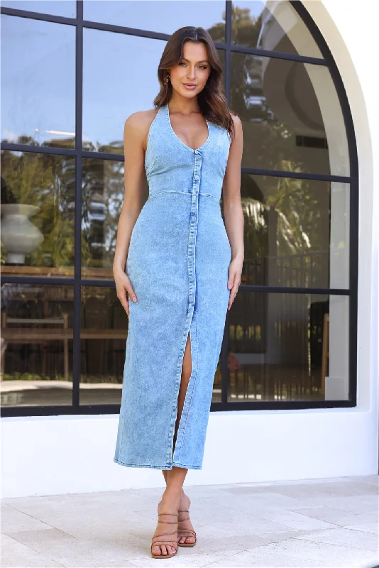 Boat Days Halter Denim Maxi Dress Denim