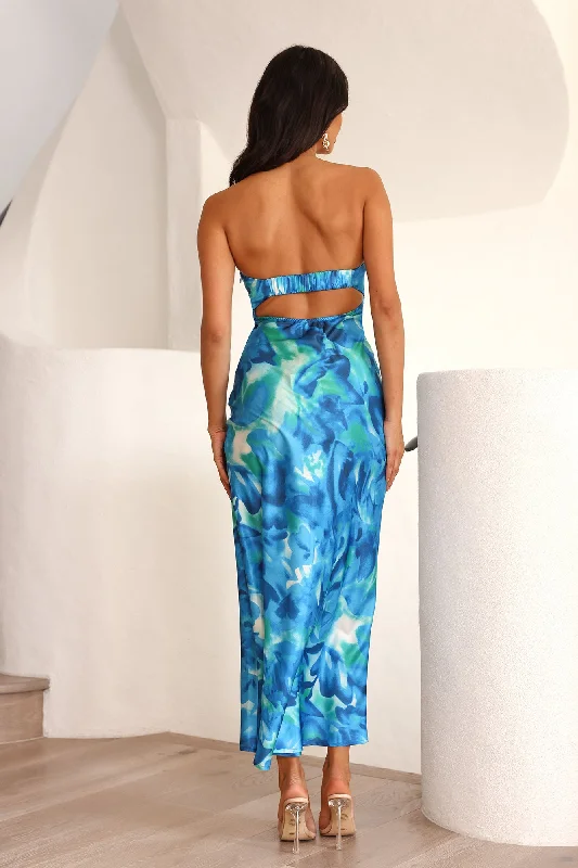 Crystals Strapless Satin Maxi Dress Blue