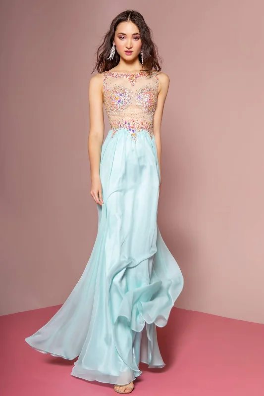 Long Formal Sleeveless Beaded Chiffon Prom Evening Dress