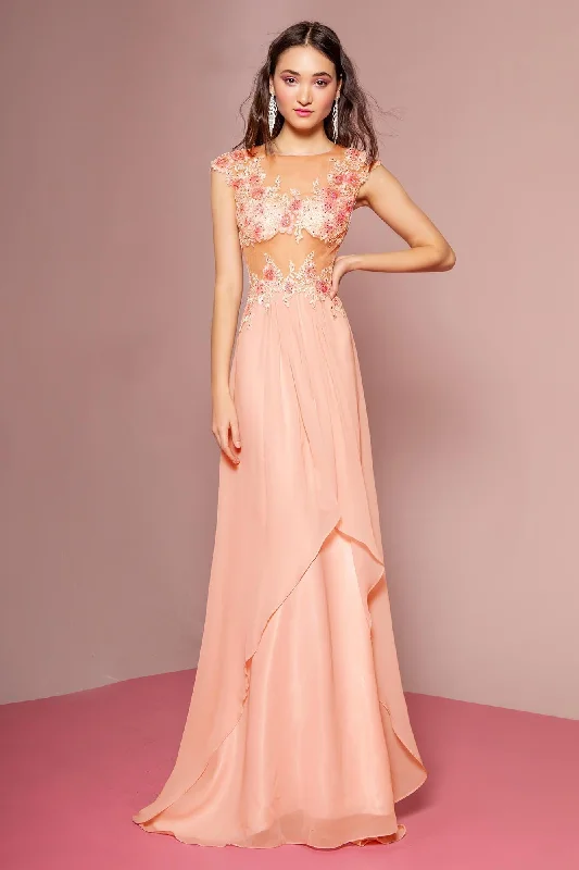 Prom Long Dress Cap Sleeve Chiffon Evening Gown