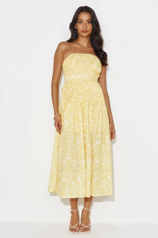 Tropical Scent Strapless Midi Dress Yellow