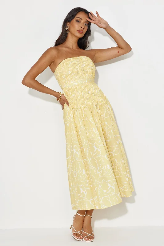 Tropical Scent Strapless Midi Dress Yellow