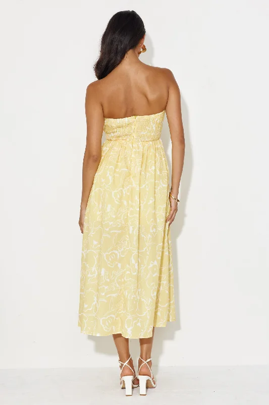 Tropical Scent Strapless Midi Dress Yellow