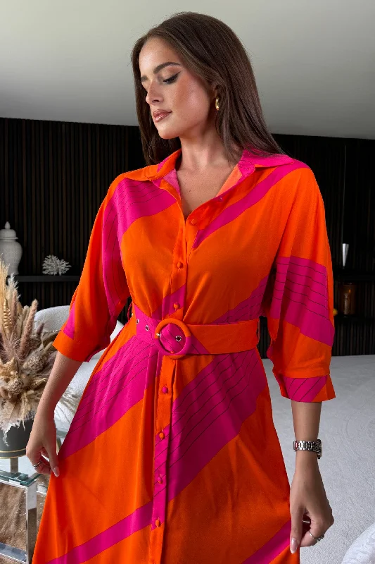 Adrian Orange Pink Buckle Wrap Shirt Dress