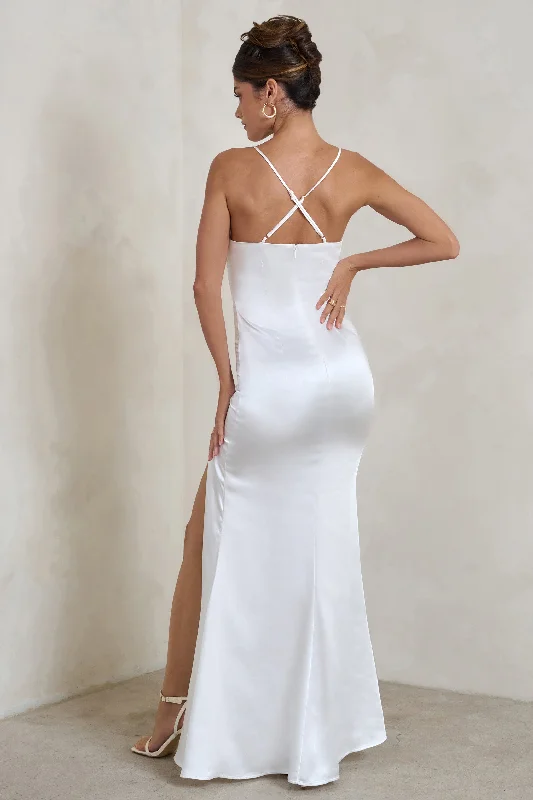 Ami | White Satin Plunge Fishtail Maxi Dress