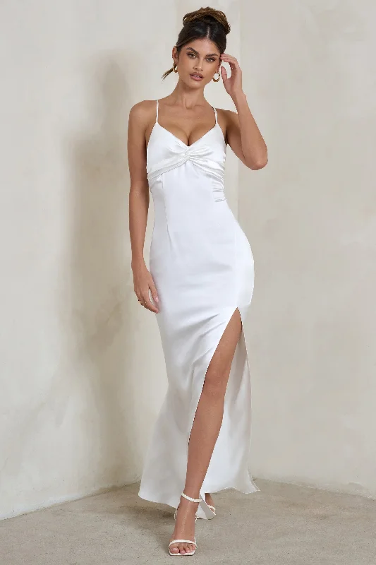 Ami | White Satin Plunge Fishtail Maxi Dress