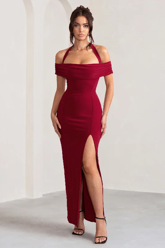 Anisa | Burgundy Halter Neck Bardot Maxi Dress With Thigh Split