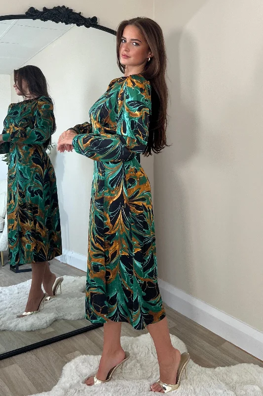 Cass Green Print Long Sleeve Midi Dress