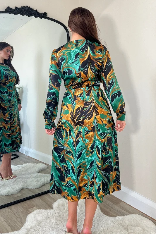 Cass Green Print Long Sleeve Midi Dress