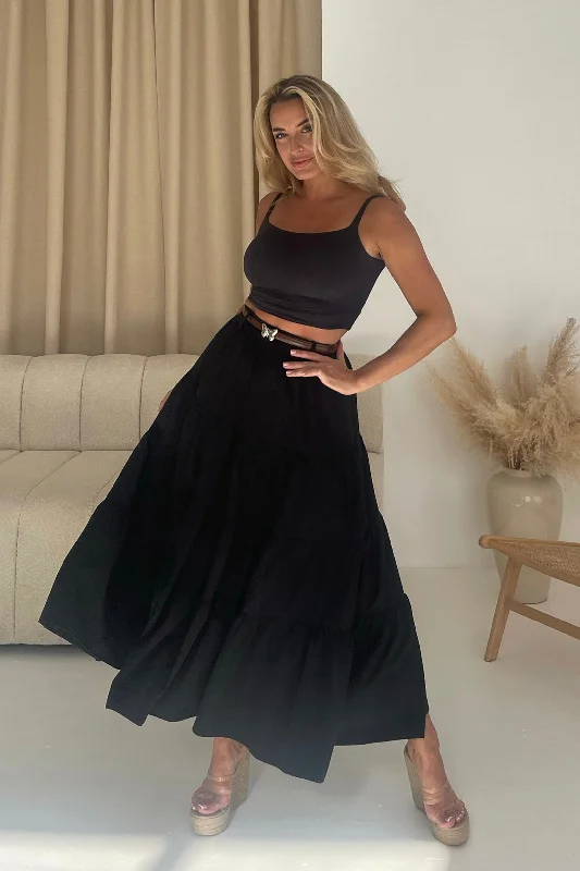 Catlin Black Tiered Butterfly Belt Maxi Skirt