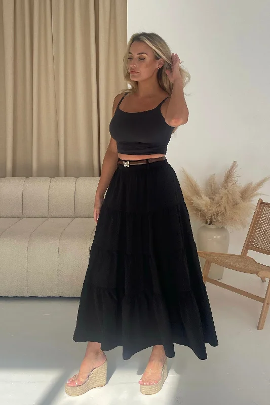 Catlin Black Tiered Butterfly Belt Maxi Skirt