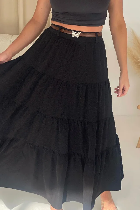 Catlin Black Tiered Butterfly Belt Maxi Skirt