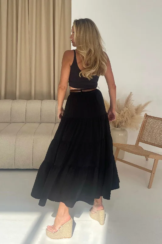 Catlin Black Tiered Butterfly Belt Maxi Skirt