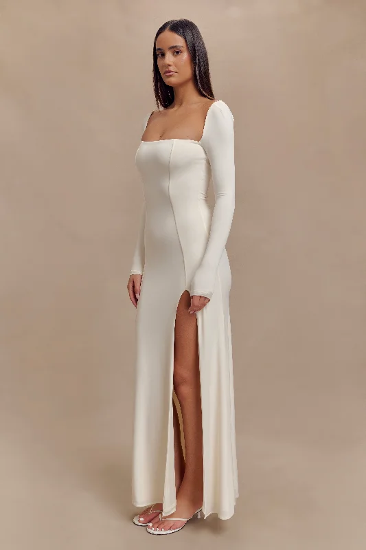 Desirie Slinky Long Sleeve Maxi Dress With Split - Ivory