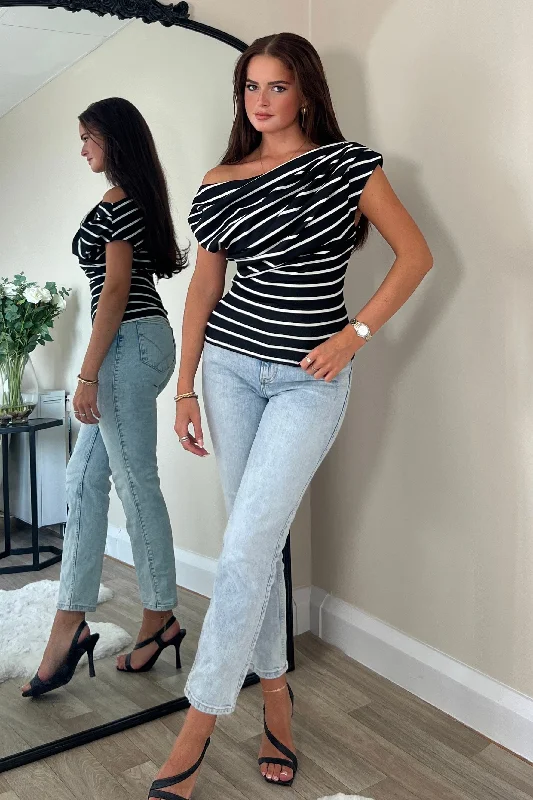 Donna Asymmetric Black Stripe Top