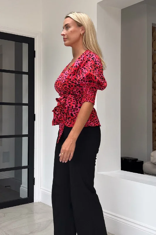 Eliza Shirred Cuff Wrap Top Red Pink Animal