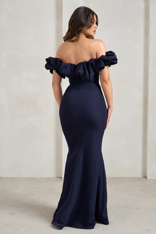 Esmeralda | Navy Structured Statement Bardot Maxi Dress