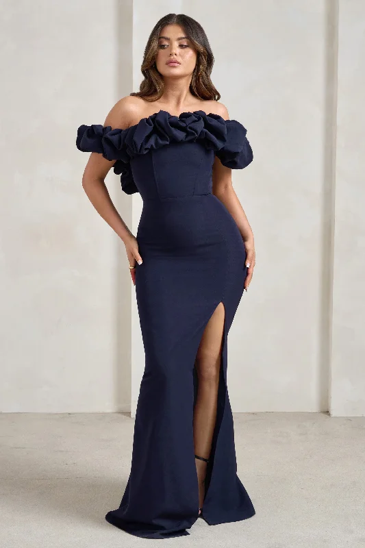 Esmeralda | Navy Structured Statement Bardot Maxi Dress