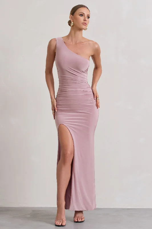 Ethereal | Dusky Lilac One Shoulder Ruched Split Maxi Dress