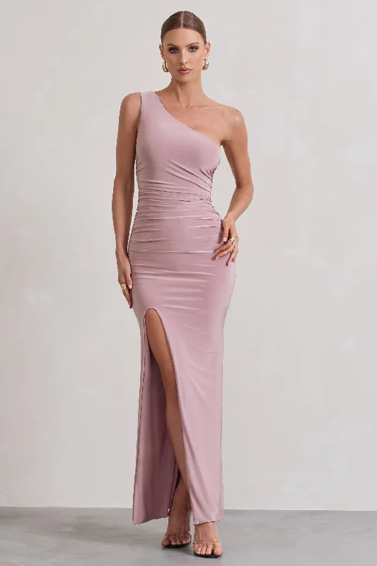 Ethereal | Dusky Lilac One Shoulder Ruched Split Maxi Dress