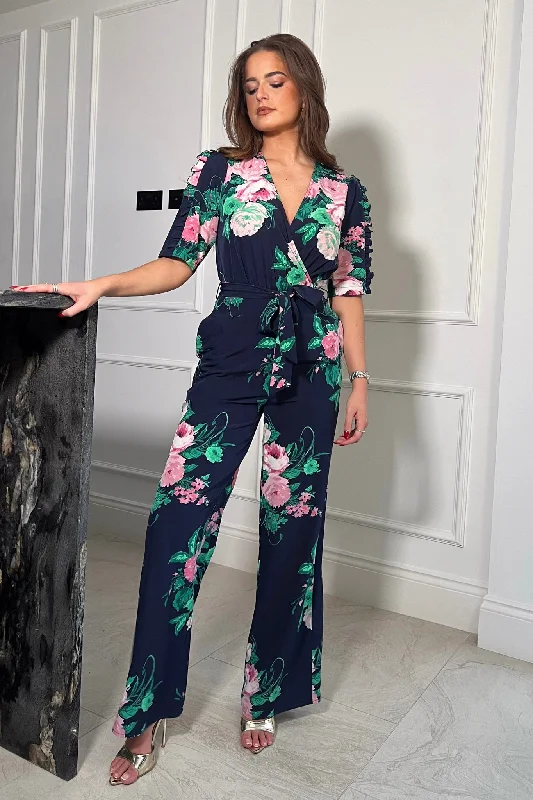 Fizz Navy Print Frill Detail Wide Leg Jumpsuit