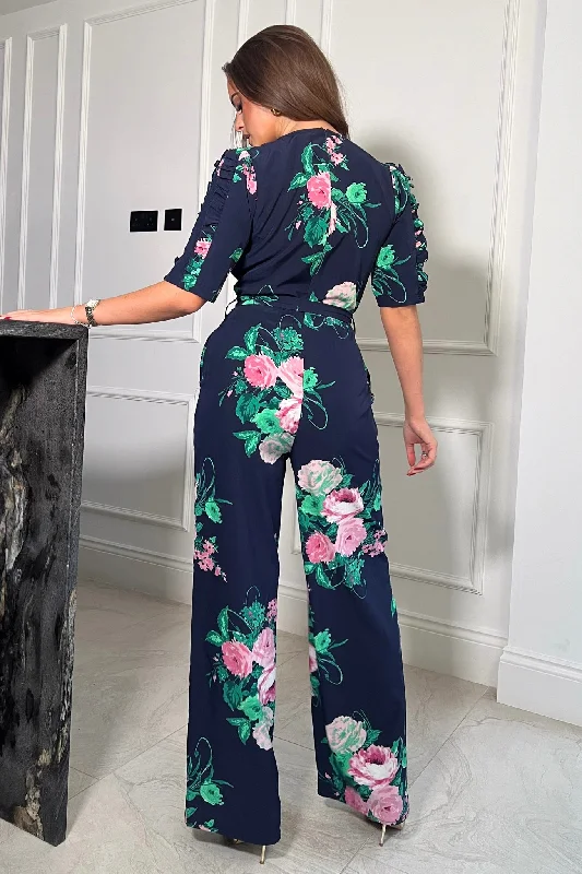 Fizz Navy Print Frill Detail Wide Leg Jumpsuit