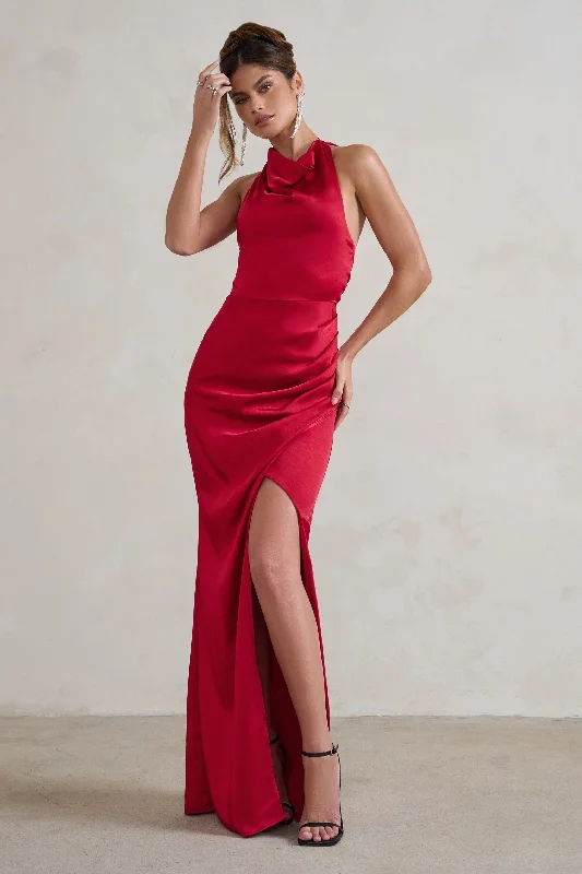 Forever Feature | Berry Red High Neck Wrap Maxi Dress