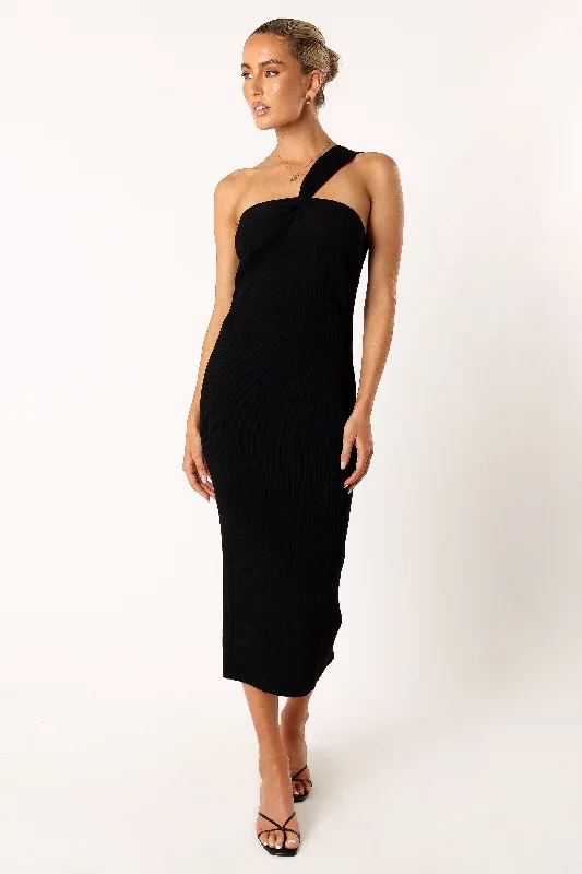 Halle One Shoulder Midi Dress - Black