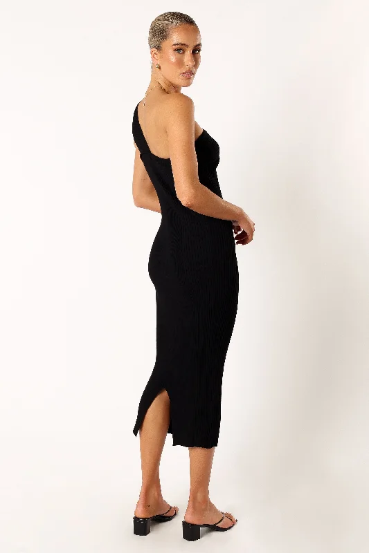 Halle One Shoulder Midi Dress - Black